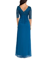 Betsy & Adam Petite V-Neck Lace-Bodice Gown