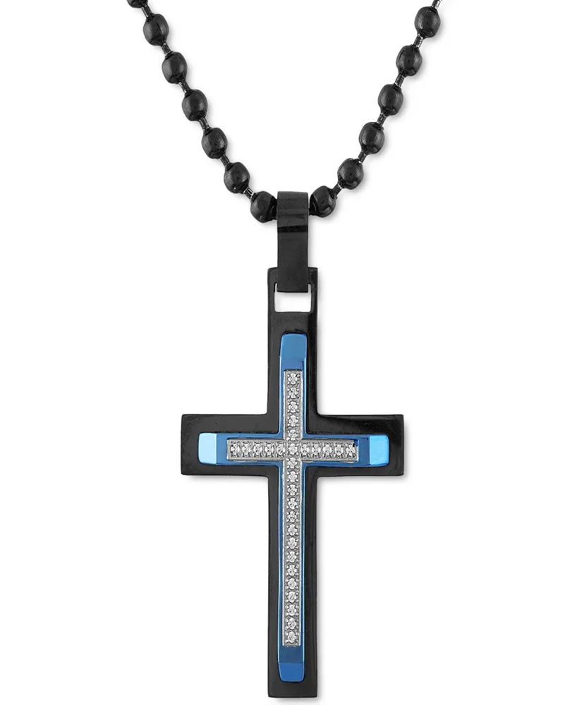 Men's Diamond Cross Multi-Tone 22" Pendant Necklace (1/6 ct. t.w.) in Stainless Steel & Blue & Black Ion-Plate