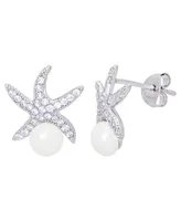 Genuine Freshwater Pearl Cubic Zirconia Starfish Stud Earrings in Silver Plate