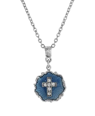 Silver-Tone Blue Enamel Crystal Cross Round Necklace