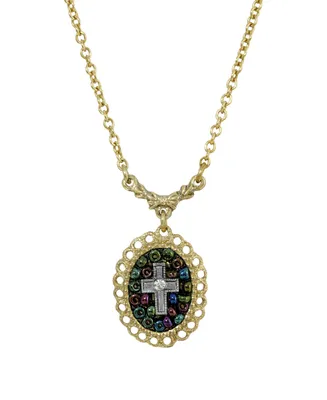14K Gold Dipped Carded Oval Multi Color Beaded Crystal Cross Necklace