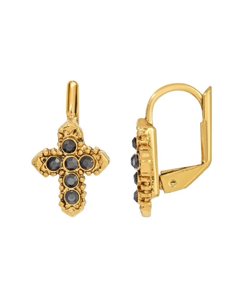 14K Gold-Dipped Hematite Color Petite Cross Earrings