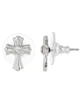 Silver-Tone Crystal Cross Stud Earrings
