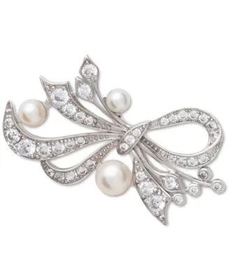 Cultured Freshwater Pearl (4-6mm) & Cubic Zirconia Ribbon Bow Pin in Sterling Silver