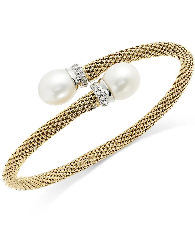 Cultured Freshwater Pearl and Cubic Zirconia Mesh Cuff Bracelet in 14k Gold over Sterling Silver (10mm)