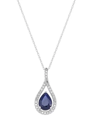 Sapphire (1-1/3 ct. t.w.) & Diamond (1/6 ct. t.w.) Teardrop Halo 18" Pendant Necklace in 14k White Gold