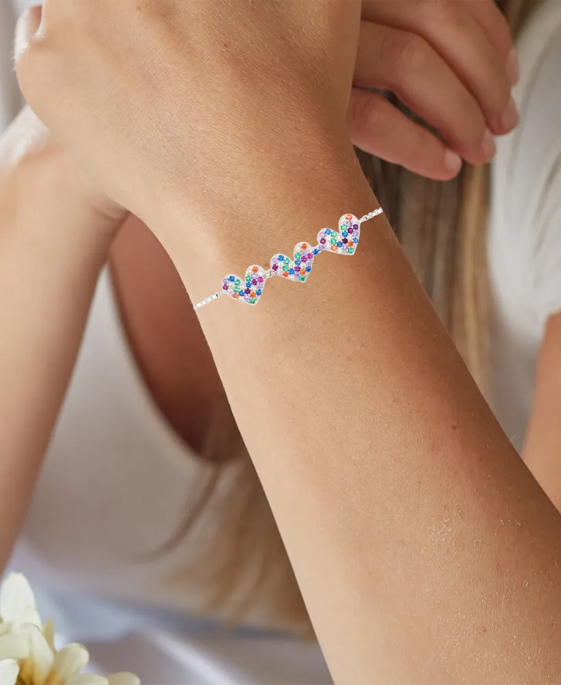 Rainbow Cubic Zirconia Pave Triple Heart Bolo Bracelet Sterling Silver (Also 14k Gold Over Silver)