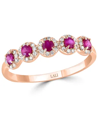 Ruby (1/3 ct. t.w.) & Diamond (1/6 ct. t.w.) Five Stone Halo Ring in 14k Rose Gold