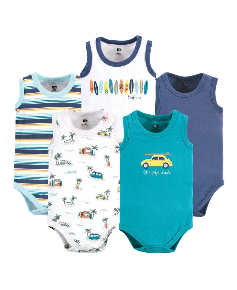 Hudson Baby Baby Boys Cotton Sleeveless Bodysuits, Surfer Dude, 5-Pack