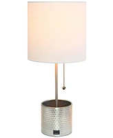 Simple Designs Hammered Metal Organizer Table Lamp with Usb Charging Port and Fabric Shade