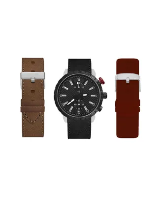 American Exchange Men's Analog Black Strap Watch 45mm with Burgundy, Brown and Black Interchangeable Straps Set