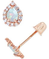 Lab-Grown Opal (1/10 ct. t.w.) & White Sapphire (1/6 Pear Halo Stud Earrings