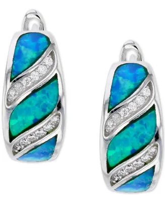 Lab-Created Blue Opal & Cubic Zirconia Huggie Hoop Earrings in Sterling Silver