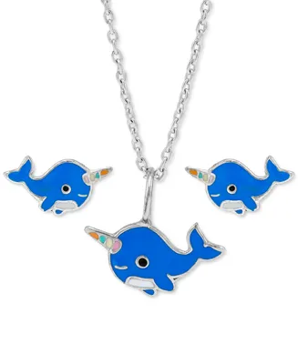 Children's 3-Pc. Set Enamel Narwhal Pendant Necklace & Matching Stud Earrings in Sterling Silver