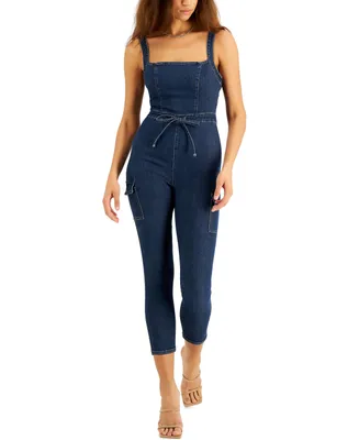 Tinseltown Juniors' Belted Denim Jumpsuit with Ruffle