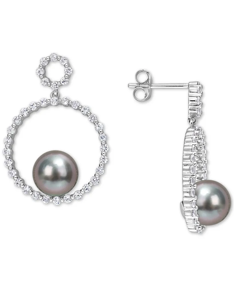 Black Cultured Tahitian Pearl (8mm) & White Sapphire (1-1/10 ct. t.w.) Circle Drop Earrings in 10k White Gold