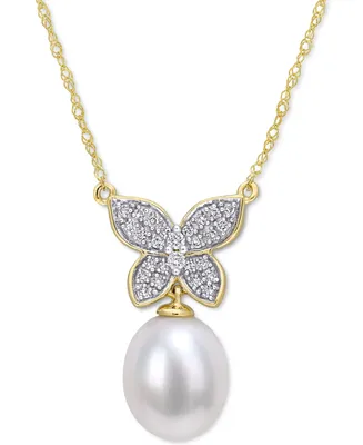 Cultured Freshwater Pearl (9mm) & Diamond (1/5 ct. t.w.) Butterfly 17" Pendant Necklace in 10k Gold