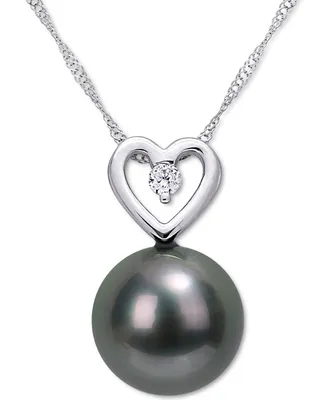 Black Cultured Tahitian Pearl (9-1/2mm) & Diamond (1/20 ct. t.w.) Heart 17" Pendant Necklace in 10k White Gold