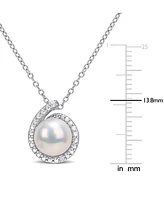 Cultured Freshwater Pearl (8mm) & Diamond Accent Halo 18" Pendant Necklace in Sterling Silver