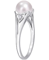 Cultured Freshwater Pearl (7mm) & Diamond Accent Heart Shoulder Ring Sterling Silver