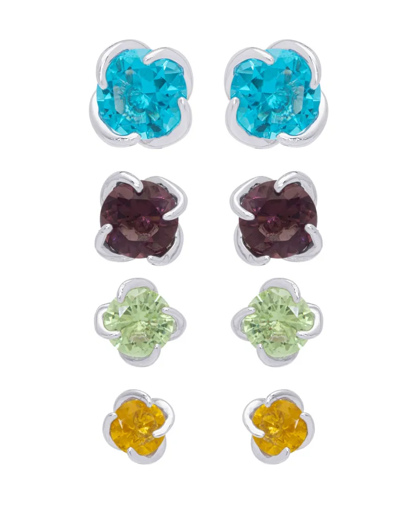 Multi-Color Round Stud Silver Plate Earrings, Set of 4