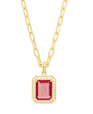 Simulated Ruby Cubic Zirconia Emerald-Cut Paperclip Pendant 18" Gold Plate Necklace