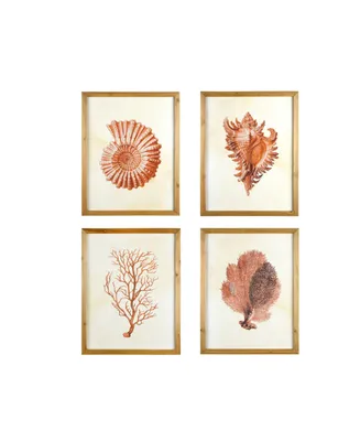 Storied Home Wood Framed Wall Art with Red Shells and Coral, Set of 4