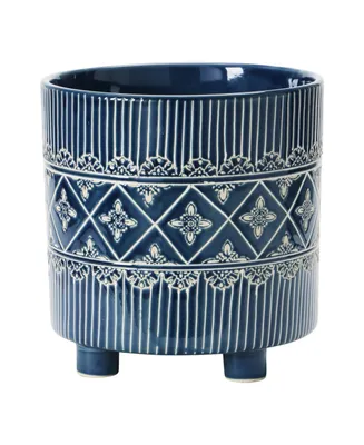 Debossed Stoneware Footed Planter with Pattern, Blue and White