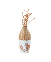 Tall Hand-Woven Rattan and Clay Vase with Distressed Finish, Natural and White