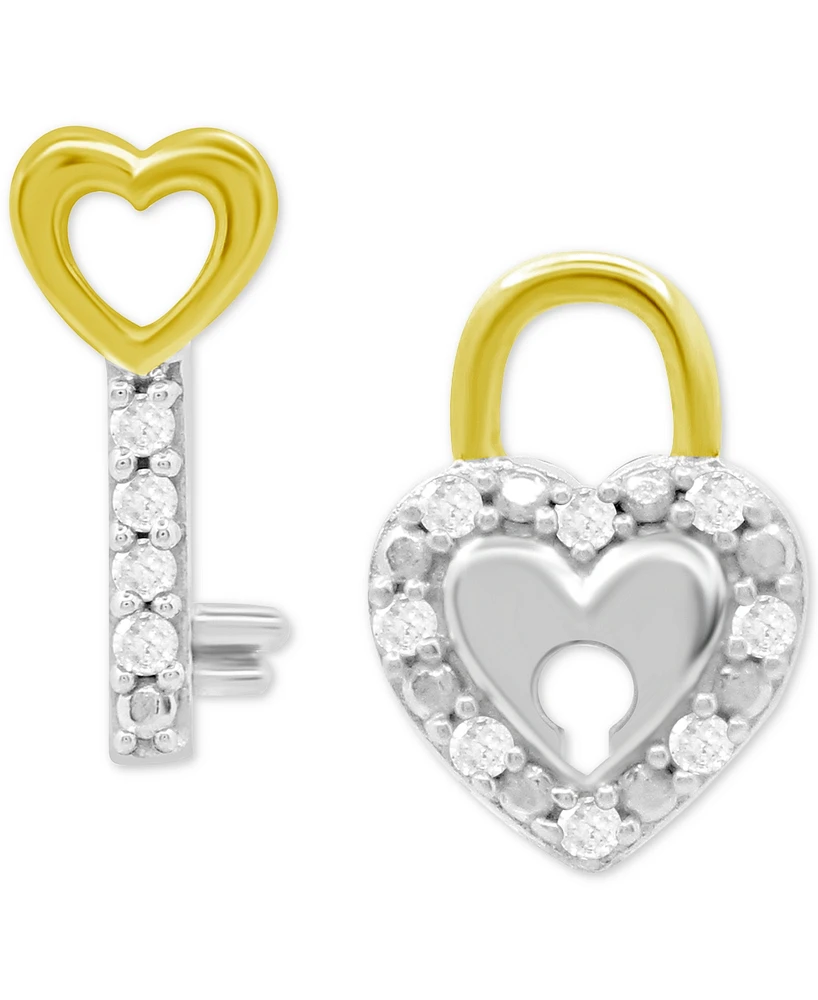Diamond Lock & Key Mismatch Stud Earrings (1/10 ct. t.w.) in Sterling Silver & 14k Gold-Plate
