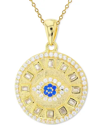 Cubic Zirconia & Lab-Grown Blue Spinel (1/20 ct. t.w.) Evil Eye Disc 18" Pendant Necklace in 14k Gold-Plated Sterling Silver