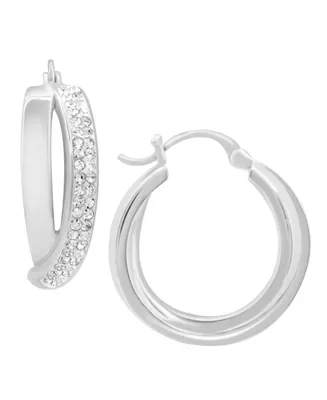 Essentials Crystal and High Polish Crossover Hoop Earring, Silver Plate - Silver