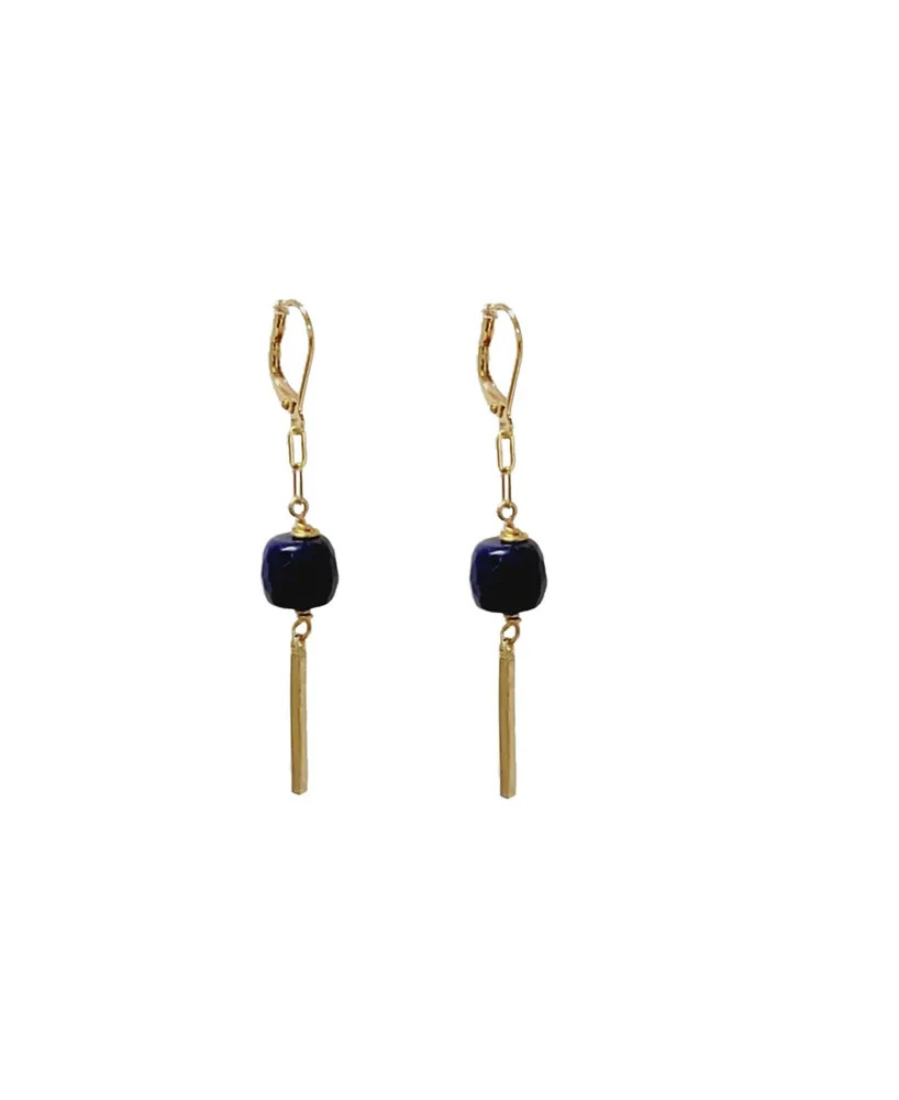 Women's Bar Drop Earrings with Blue Lapis Stones - Gold