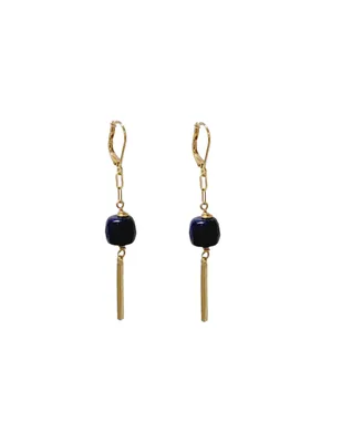 Women's Bar Drop Earrings with Blue Lapis Stones - Gold