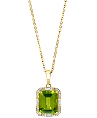 Effy Peridot (3-1/3 ct. t.w.) & Diamond (1/6 ct. t.w.) Baguette Halo 16" Pendant Necklace in 14k Gold