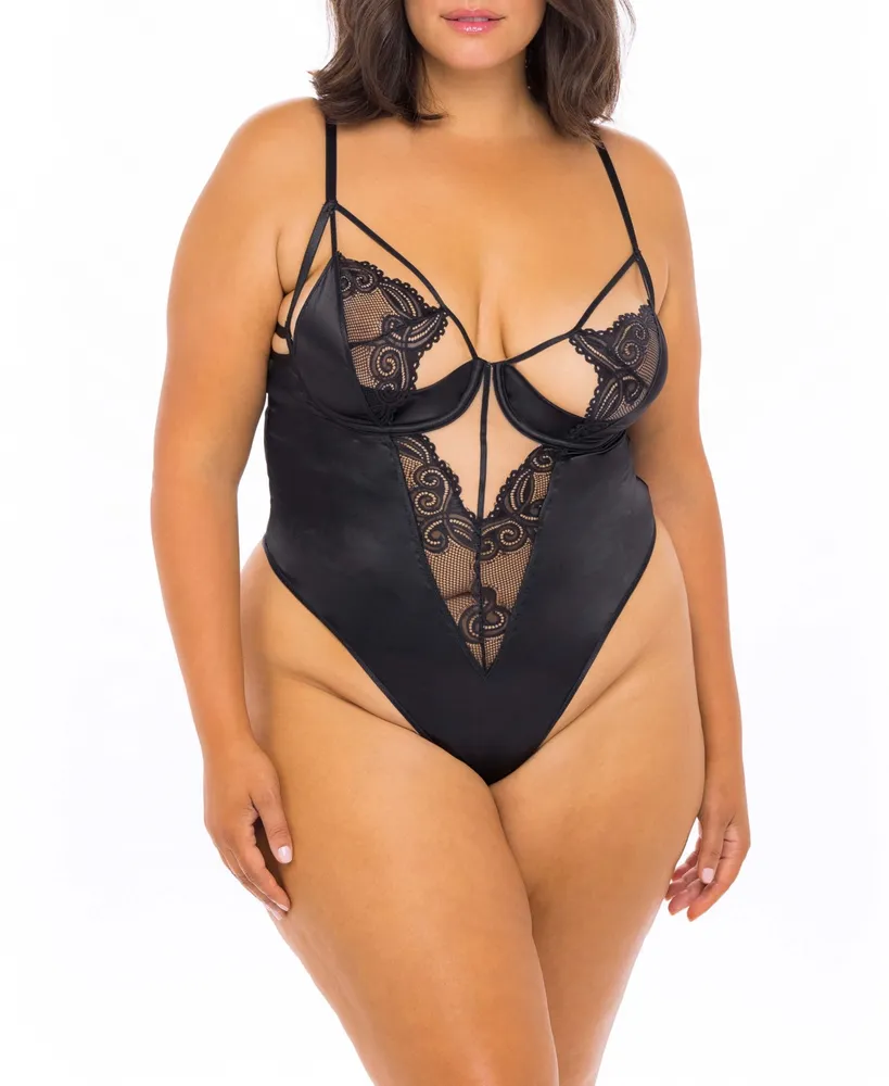 Plus Size Underwire Teddy Featuring Art Deco Lace with A Thong Back, 2pc Lingerie Set