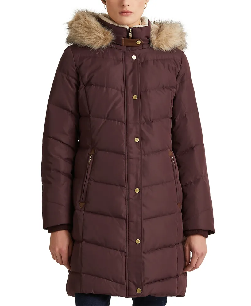 Lauren Ralph Lauren Womens Faux-Fur-Trim Hooded Puffer Coat, Created for Macys - Black