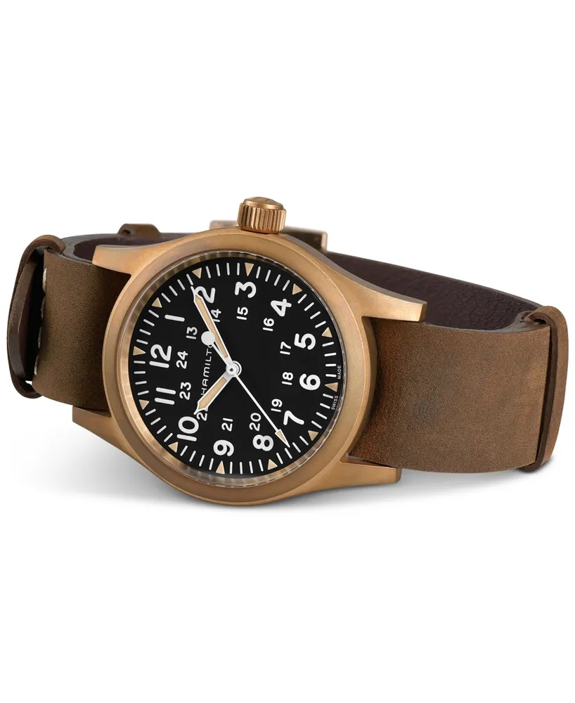 Hamilton Men's Swiss Mechanical Khaki Field Brown Leather Strap Watch 38mm