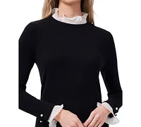 CeCe Women's Ruffle Collar & Sleeve Imitation Pearl Trim Sweater Dress