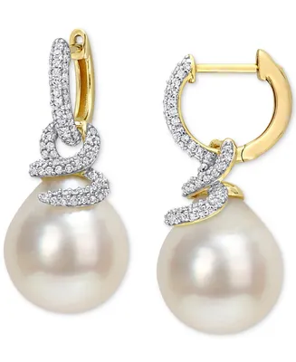 Cultured South Sea Pearl (10mm) & Diamond (1/2 ct. t.w.) Swirl Huggie Hoop Earrings in 14k Gold