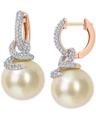 Cultured South Sea Pearl (10mm) & Diamond (1/2 ct. t.w.) Swirl Huggie Hoop Earrings 14k Gold