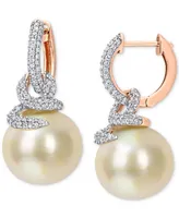 Cultured South Sea Pearl (10mm) & Diamond (1/2 ct. t.w.) Swirl Huggie Hoop Earrings 14k Gold