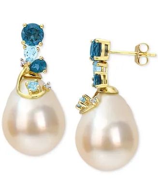 Cultured South Sea Pearl (9-10mm) & Blue Topaz (2 ct. t.w.), & Diamond Accent Drop Earrings in 14k Gold