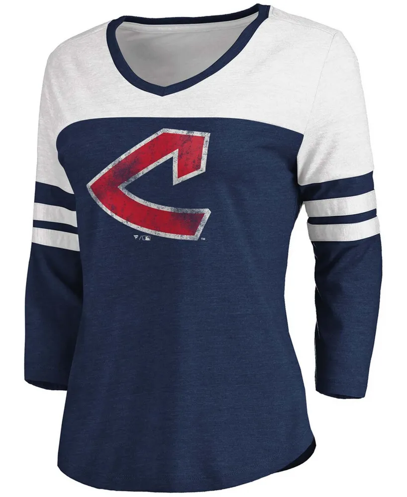 Women's Heathered Navy, White Cleveland Indians Two-Toned Distressed Cooperstown Collection Tri-Blend 3/4 Sleeve V-Neck T-shirt