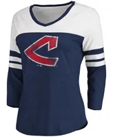Women's Heathered Navy, White Cleveland Indians Two-Toned Distressed Cooperstown Collection Tri-Blend 3/4 Sleeve V-Neck T-shirt
