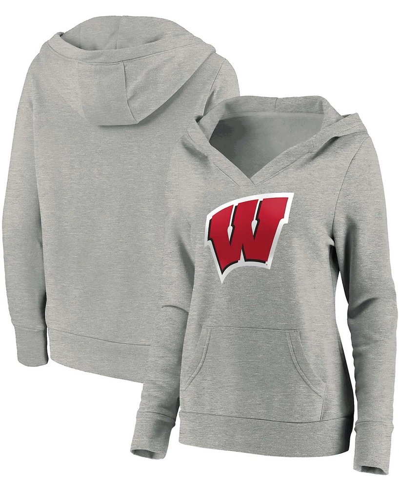 Women's Heathered Gray Wisconsin Badgers Primary Logo V-Neck Pullover Hoodie