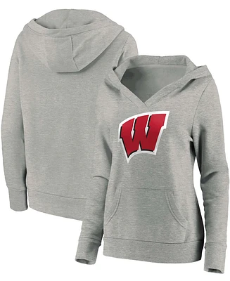 Women's Heathered Gray Wisconsin Badgers Primary Logo V-Neck Pullover Hoodie
