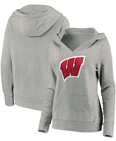 Women's Heathered Gray Wisconsin Badgers Primary Logo V-Neck Pullover Hoodie