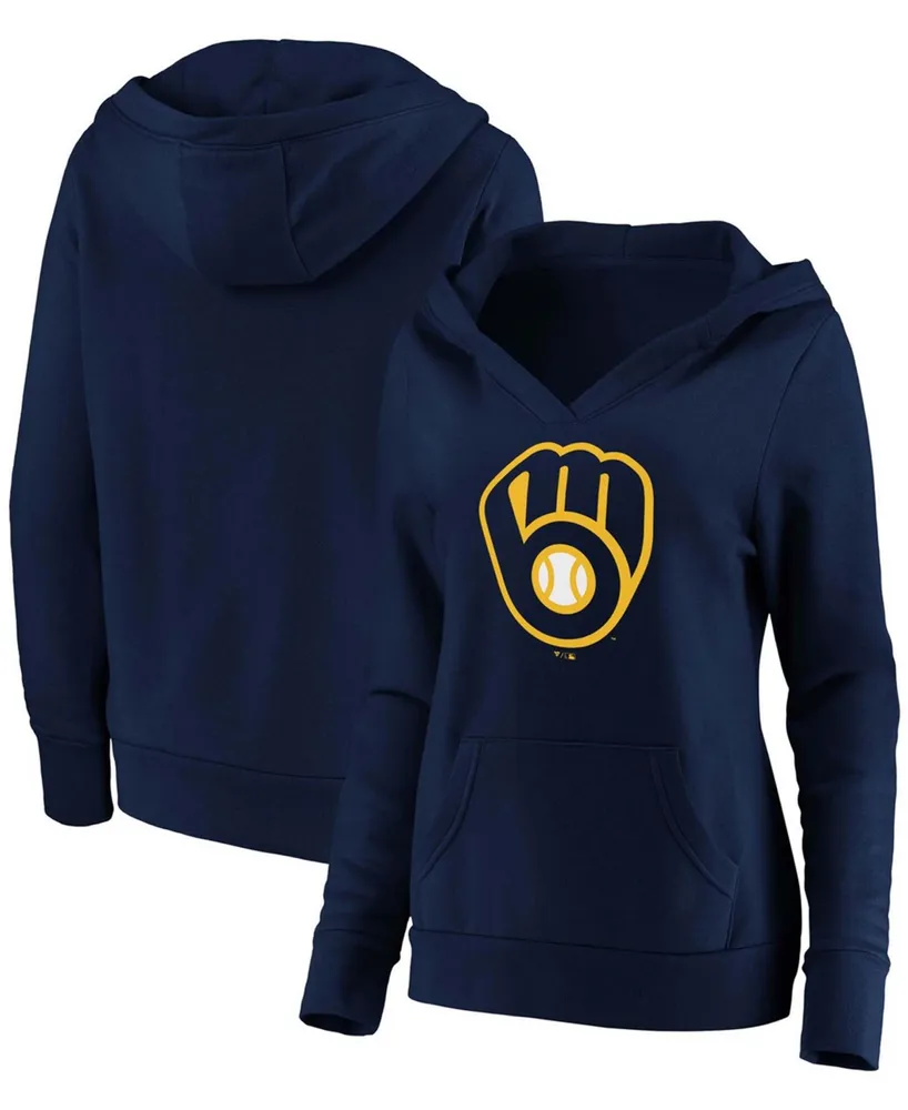Plus Navy Milwaukee Brewers Official Logo Crossover V-Neck Pullover Hoodie