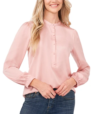 CeCe Women's Long Sleeve Crew Neck Button-Up Blouse